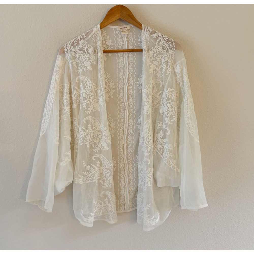 Sundance Lace Embroidered Kimono Top Womens M White Sheer Paisley Boho Beach
